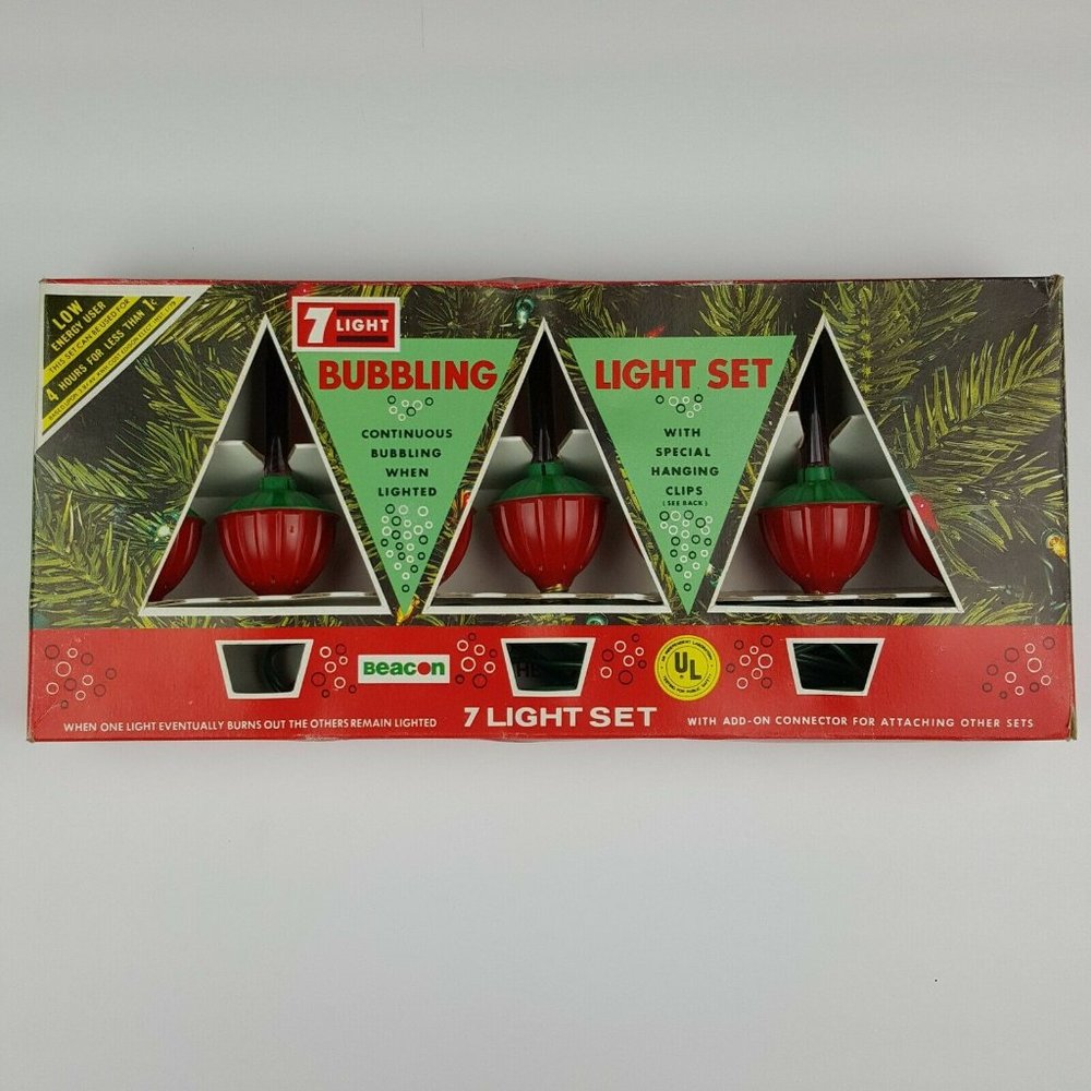 SOLD 80s Christmas Beacon Bubble 7 Lights Set Bubbling NOS Hanging Clips NIB Box